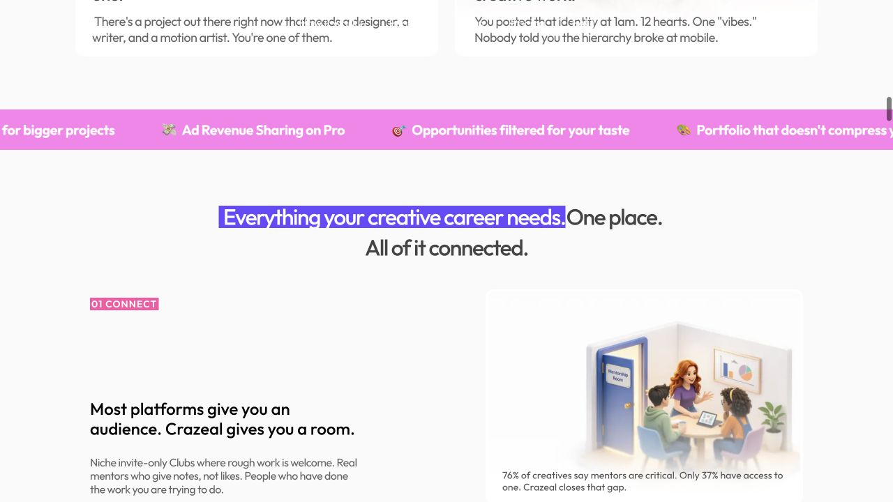 Crazeal’s live platform section showing how creators connect and collaborate