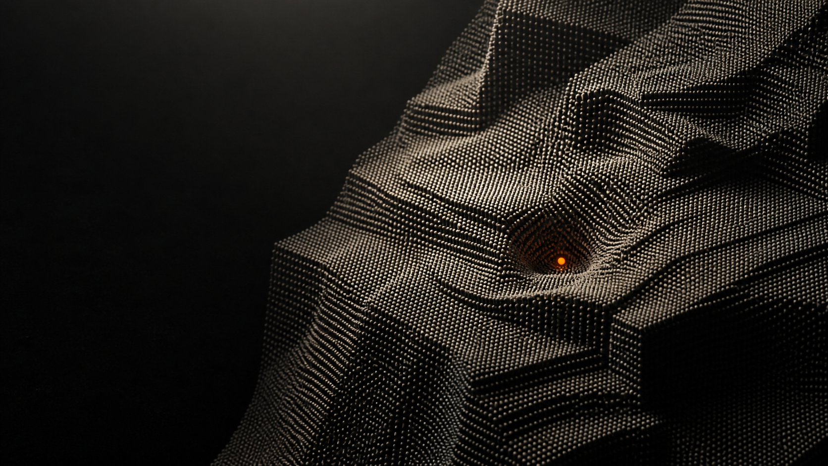 A low-relief dot-matrix terrain with one orange decision point