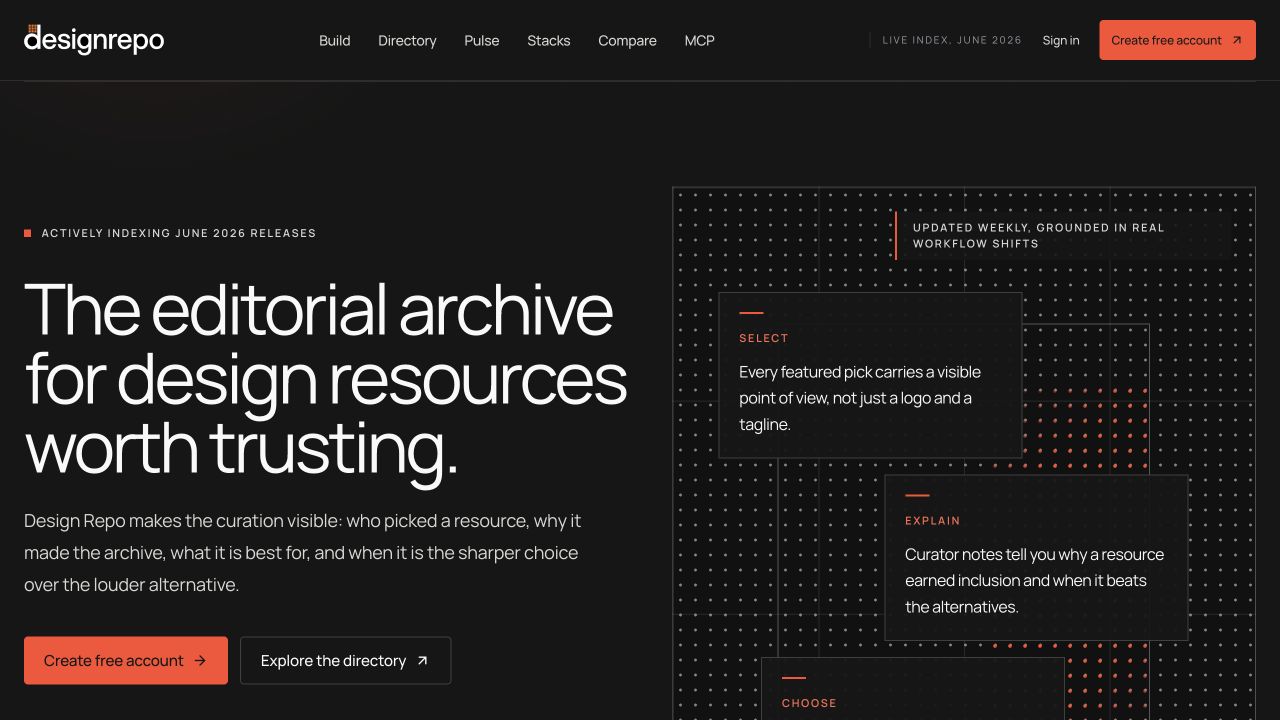 Design Repo live landing page showing its editorial design-resource archive