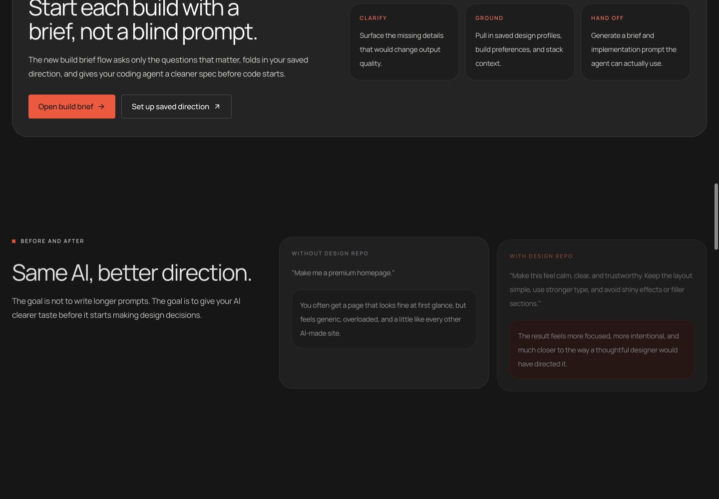 Design Repo’s live build-brief and AI direction comparison surface